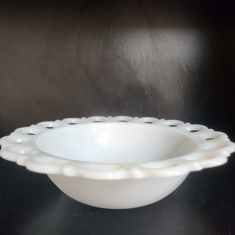 Vintage Anchor Hocking White Milk Glass Lace-Edged Serving Bowl, 9.5" Dia